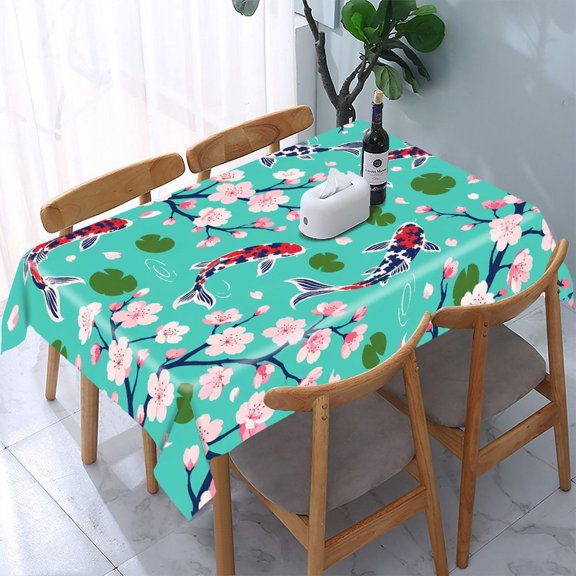 GooTPa Koi Fish Cherry Blossoms Pattern Rectangle Dining Tablecloth, Polyester Tablecloths Rectangle Dining Tablecloth, Ideal for Kitchen Picnic Party