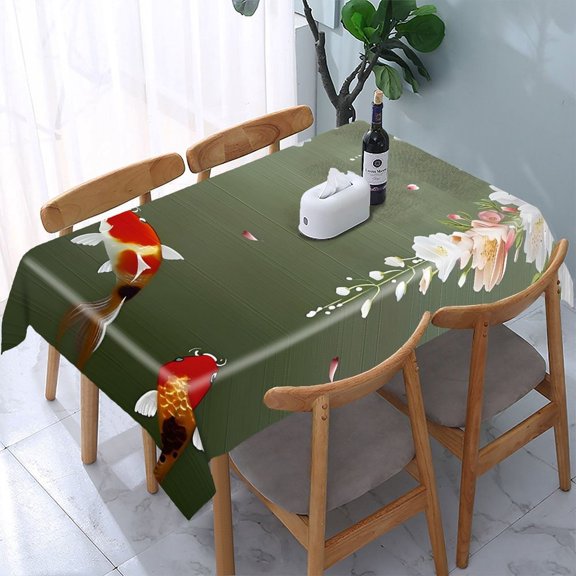 GooTPa Koi Fish Flowers Green Rectangle Dining Tablecloth, Polyester Tablecloths Rectangle Dining Tablecloth, Ideal for Kitchen Picnic Party