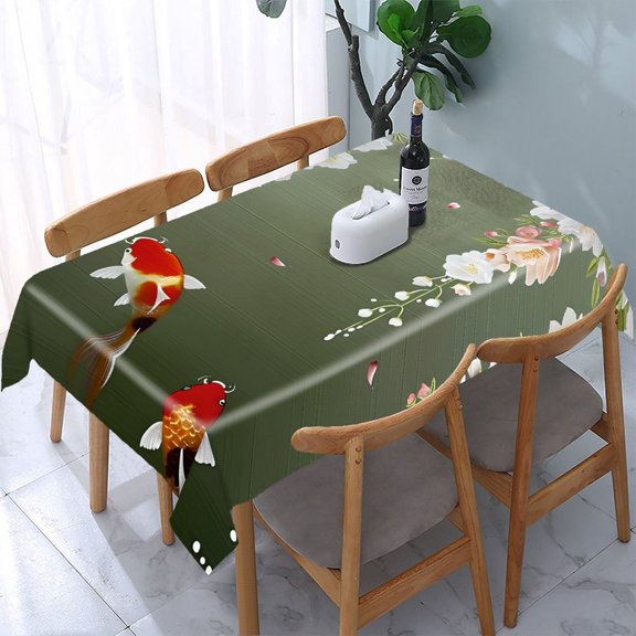 GooTPa Koi Fish Flowers Green Rectangle Dining Tablecloth, Polyester Tablecloths Rectangle Dining Tablecloth, Ideal for Kitchen Picnic Party