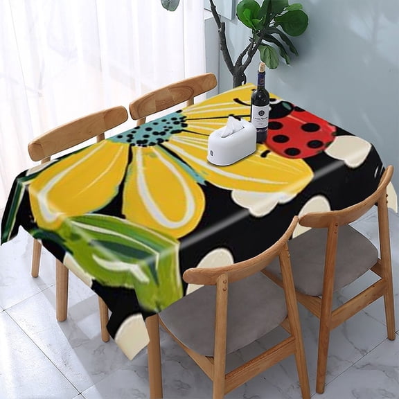 GooTPa Ladybug Flowers Polka Dot Rectangle Dining Tablecloth, Polyester Tablecloths Rectangle Dining Tablecloth, Ideal for Kitchen Picnic Party