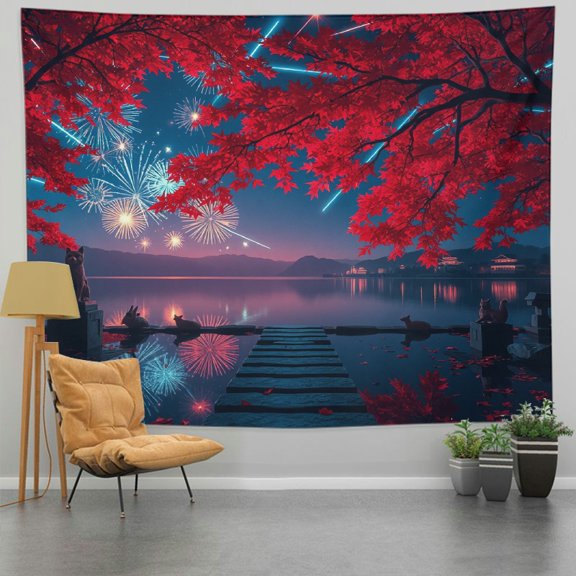 GooTPa Lakeside Maple Leaves Night Fireworks Theme Tapestry, Autumn Festival Wall Art for Bedroom, Living Room, Dorm, or Apartment Decor - 60x50in