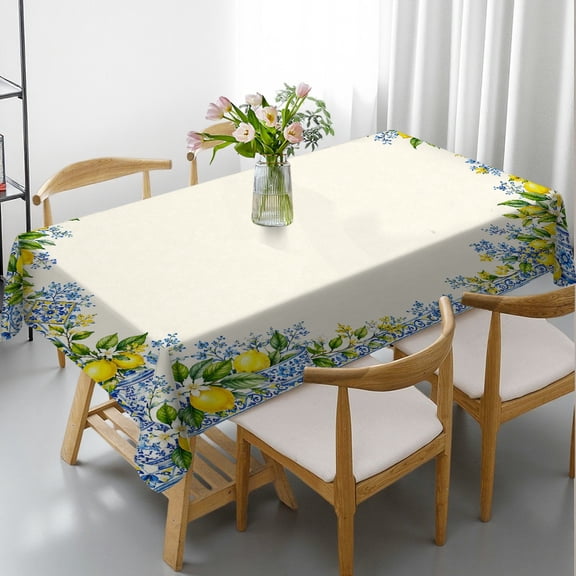 GooTPa Lemon Border Mediterranean Print Rectangle Tablecloth, Polyester Tablecloths 2D Flat Printing, Lemon Border Mediterranean