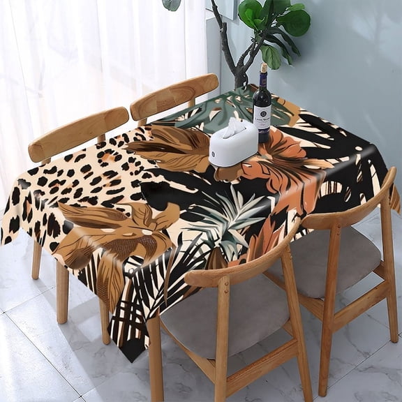 GooTPa Leopard Print Tropical Leaves Rectangle Dining Tablecloth, Polyester Tablecloths Rectangle Dining Tablecloth, Ideal for Kitchen Picnic Party