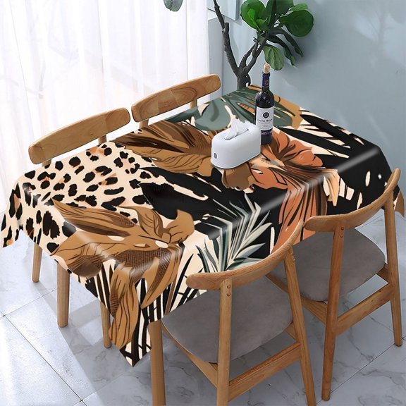 GooTPa Leopard Print Tropical Leaves Rectangle Dining Tablecloth, Polyester Tablecloths Rectangle Dining Tablecloth, Ideal for Kitchen Picnic Party