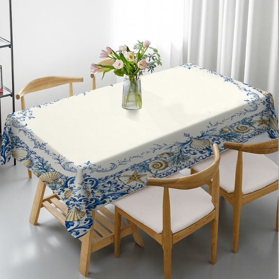 GooTPa Mediterranean Coastal Shell Blue Rectangle Tablecloth, Festive Table Setting - 2D Flat Printing Rectangle Tablecloth, Ideal for Kitchen Picnic Party