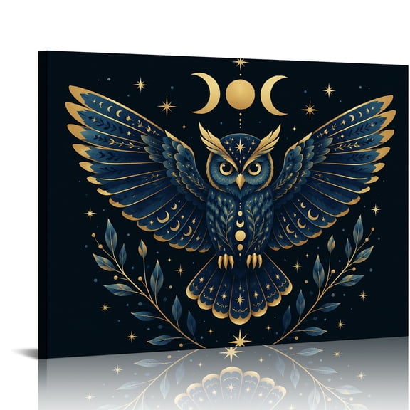 GooTPa Midnight Blue Owl with Gold Celestial Details Wall Art Canvas Print, Ready to Hang, Bathroom Wall Art Bathroom Bedroom Kitchen Hallway Wall Decor Prints