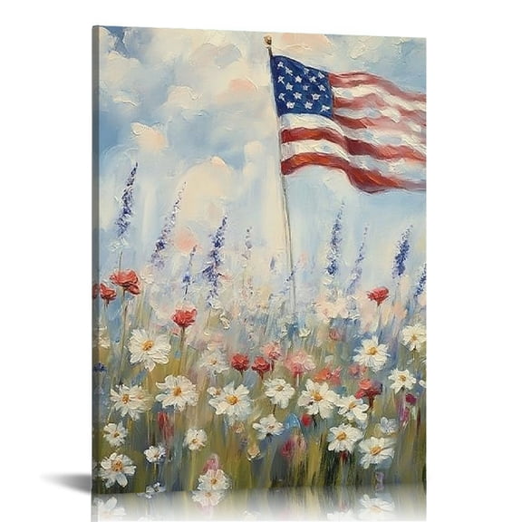 GooTPa Modern American Flag Framed Canvas Wall Art for Living Room, 4th of July Large Patriotic Floral Poster for Bedroom, Wrapped Canvas Prints Artwork Americana Pictures Wall Decor - 16x20in
