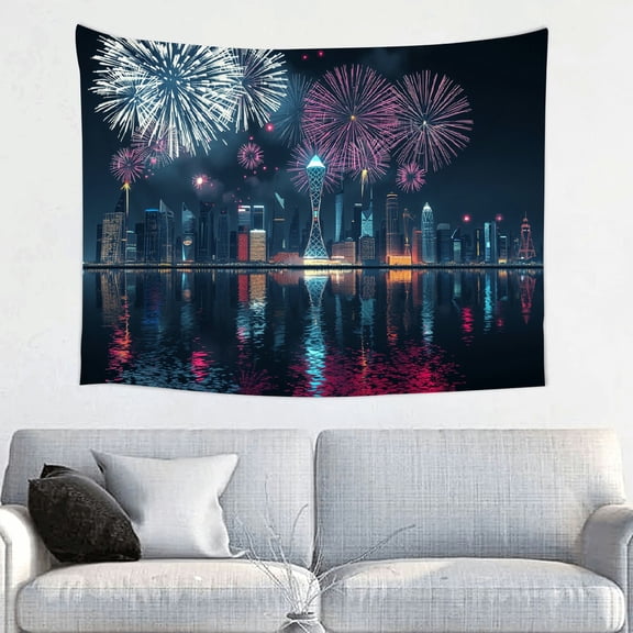GooTPa Modern Urban Tower Landmark Theme Tapestry, Fireworks Celebration Wall Art for Bedroom, Living Room, Dorm, or Apartment Decor - 40x30in