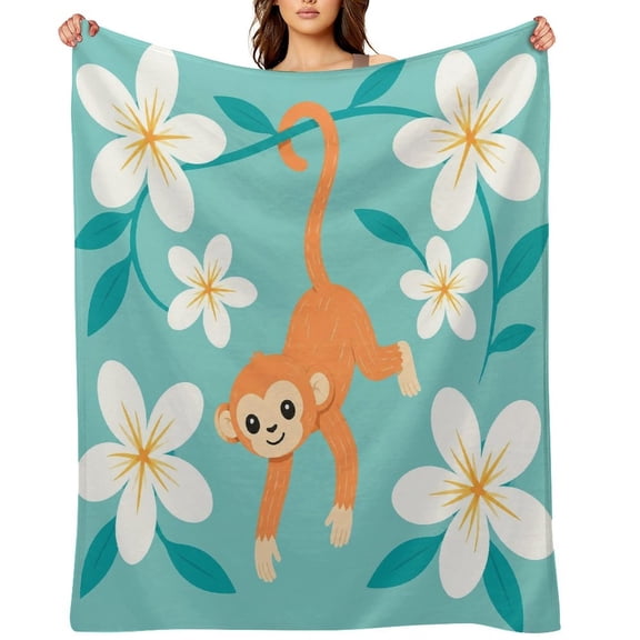 GooTPa Monkey Hanging Plumeria Vine Soft Flannel Throw Blanket, Lightweight Fuzzy Warm Cozy Blanket for Couch Bed Home Travel Decor