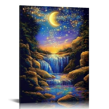 GooTPa Moon Waterfall Canvas Wall Art, Canvas Prints Wall Art for Living Room Bathroom Bedroom Office, Art Print Painting for Home Decorations - 12x16in
