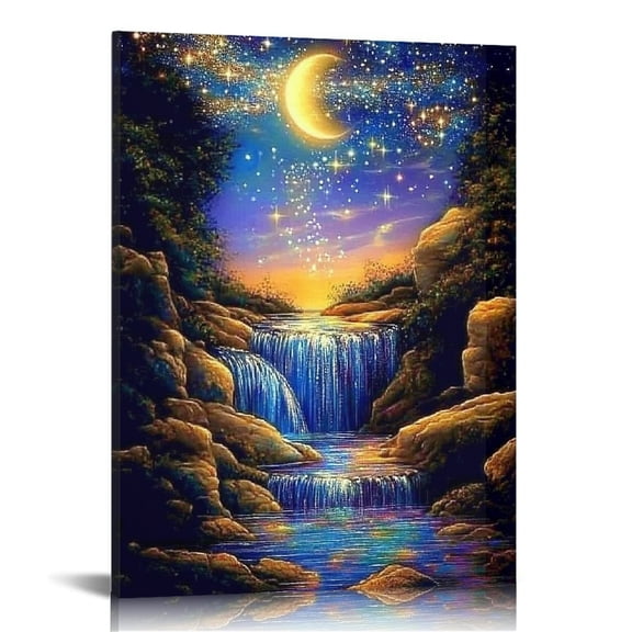 GooTPa Moon Waterfall Canvas Wall Art, Canvas Prints Wall Art for Living Room Bathroom Bedroom Office, Art Print Painting for Home Decorations - 16x20in