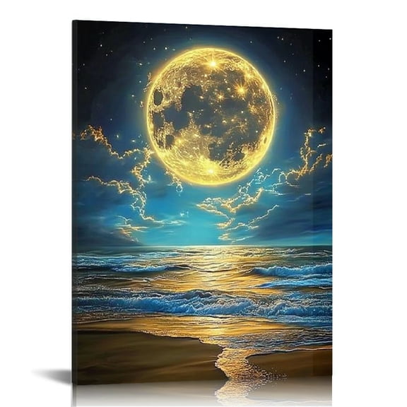 GooTPa Moonlight Beach Canvas Wall Art, Canvas Prints Wall Art for Living Room Bathroom Bedroom Office, Art Print Painting for Home Decorations - 12x16in