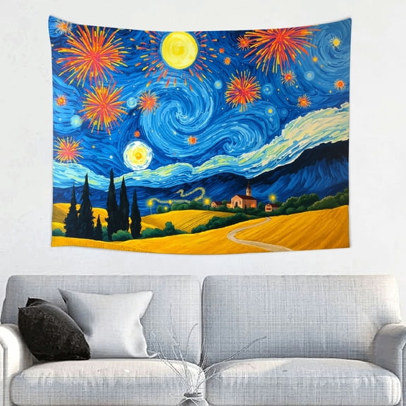 GooTPa Mountain Village Festival Night Tapestry, Farm Fields Nebulae Theme Wall Art for Bedroom, Living Room, Dorm, or Apartment Decor - 40x30in