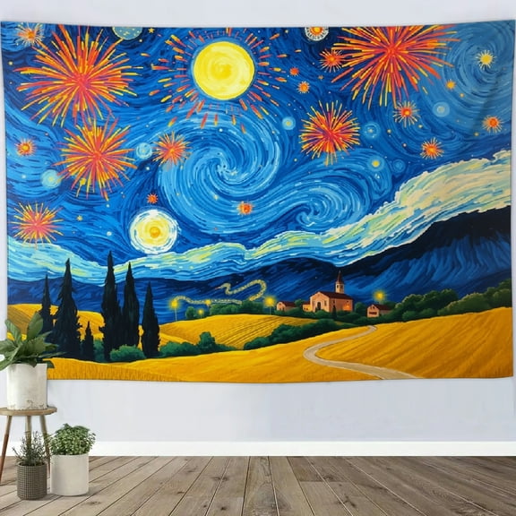 GooTPa Mountain Village Festival Night Tapestry, Farm Fields Nebulae Theme Wall Art for Bedroom, Living Room, Dorm, or Apartment Decor - 80x60in