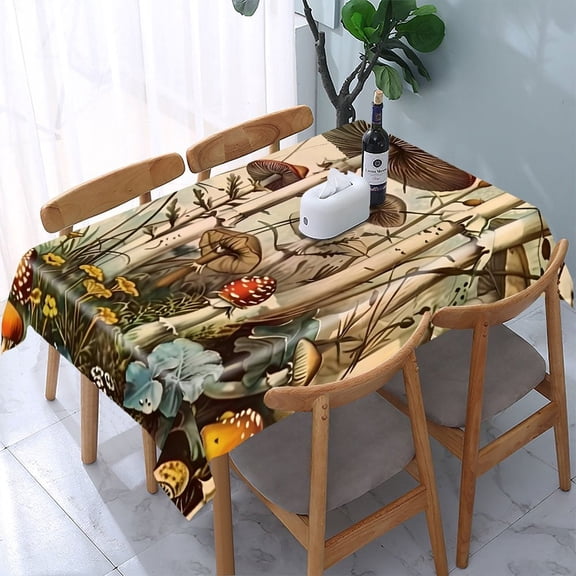 GooTPa Mushrooms Grass Flowers Nature Rectangle Dining Tablecloth, Polyester Tablecloths Rectangle Dining Tablecloth, Ideal for Kitchen Picnic Party