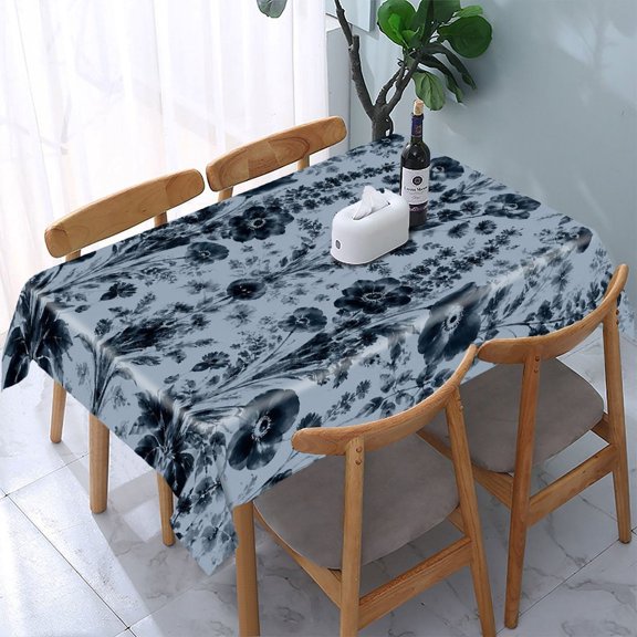 GooTPa Navy Blue Poppy Floral Pattern Rectangle Dining Tablecloth, Polyester Tablecloths Rectangle Dining Tablecloth, Ideal for Kitchen Picnic Party