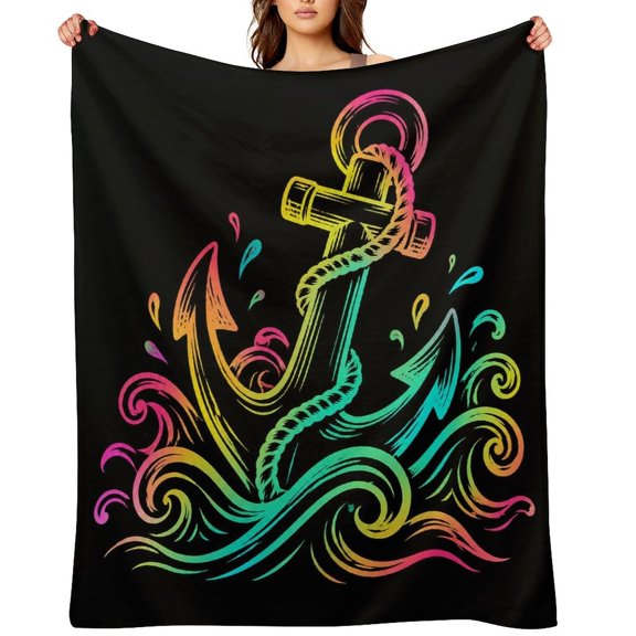 GooTPa Neon Anchor Waves Soft Flannel Throw Blanket, Lightweight Fuzzy Warm Cozy Blanket for Couch Bed Home Travel Decor
