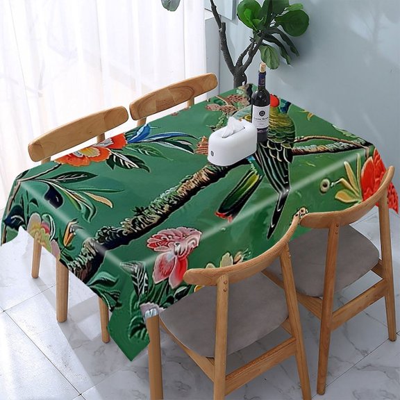 GooTPa Oriental Bird Green Flowers Rectangle Dining Tablecloth, Polyester Tablecloths Rectangle Dining Tablecloth, Ideal for Kitchen Picnic Party