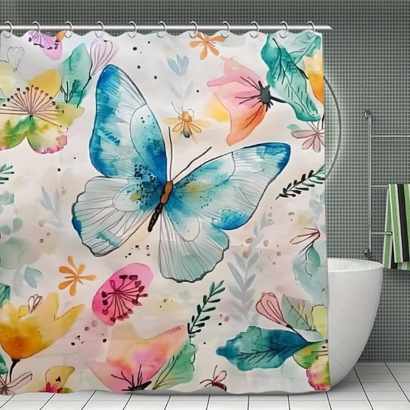 GooTPa Pastel Butterfly Floral Collage Shower Curtain 70.870.8Inch,Watercolor Flowers Bathroom Shower Curtain,Waterproof Fabric Shower Curtain with Hooks