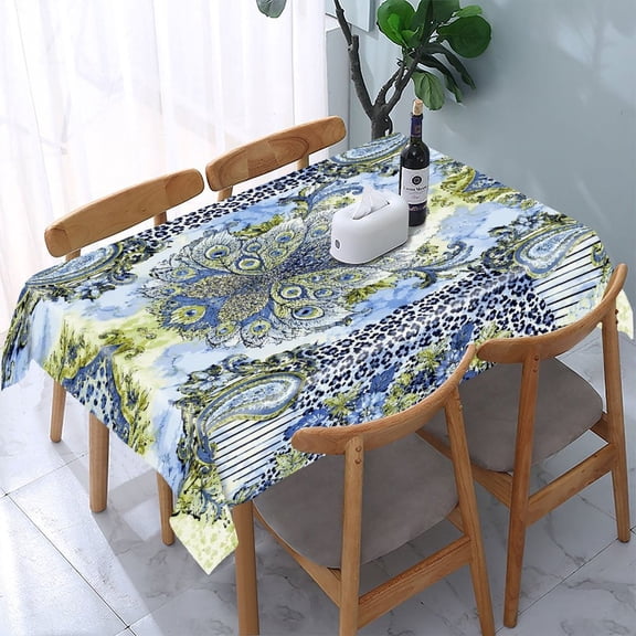 GooTPa Peacock Paisley Blue Yellow Pattern Rectangle Dining Tablecloth, Polyester Tablecloths Rectangle Dining Tablecloth, Ideal for Kitchen Picnic Party