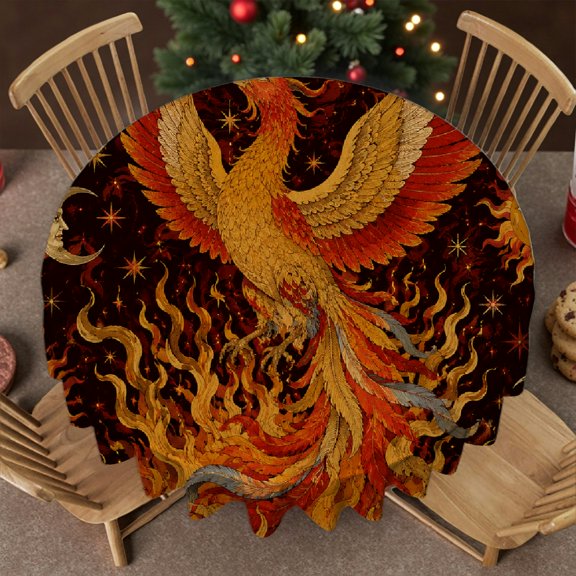 GooTPa Phoenix Rising Flames Sun Moon Stars Mythical Round Tablecloth, Machine-Made - Polyester Tablecloths Stain Resistant & Washable Decor, Wedding, Party, Home Dining