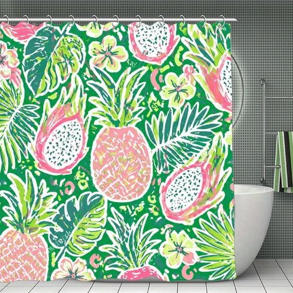 GooTPa Pineapple And Dragon Fruit Tropical Pattern Print Shower Curtain, Cloth Fabric Waterproof Polyester Bathroom Home Decor Set with Hooks 70.8×70.8Inch