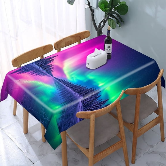 GooTPa Pink Aurora Lake Pine Forest Rectangle Dining Tablecloth, Polyester Tablecloths Rectangle Dining Tablecloth, Ideal for Kitchen Picnic Party