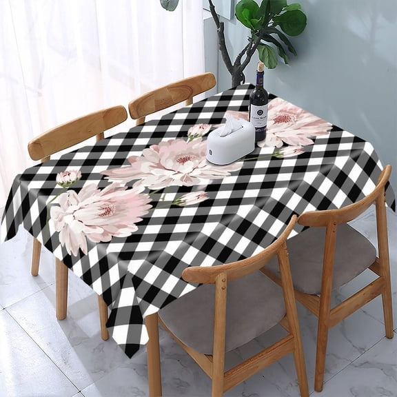 GooTPa Pink Daisy Black Gingham Bouquet Rectangle Dining Tablecloth, Polyester Tablecloths Rectangle Dining Tablecloth, Ideal for Kitchen Picnic Party