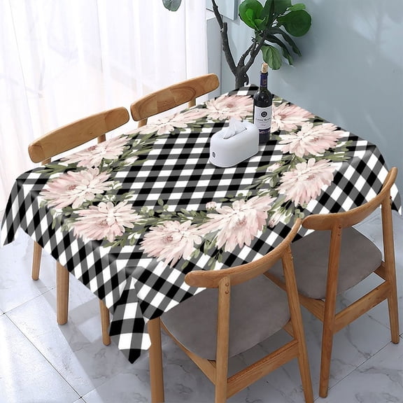 GooTPa Pink Daisy Gingham Wreath Rectangle Dining Tablecloth, Polyester Tablecloths Rectangle Dining Tablecloth, Ideal for Kitchen Picnic Party