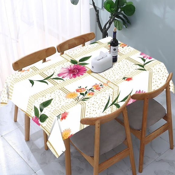GooTPa Pink Daisy Gold Grid Rectangle Dining Tablecloth, Polyester Tablecloths Rectangle Dining Tablecloth, Ideal for Kitchen Picnic Party