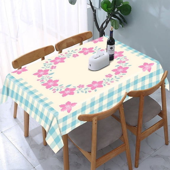 GooTPa Pink Floral Wreath Blue Gingham Rectangle Dining Tablecloth, Polyester Tablecloths Rectangle Dining Tablecloth, Ideal for Kitchen Picnic Party