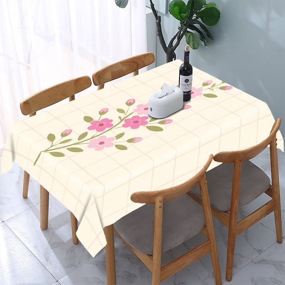 GooTPa Pink Flower Branch Grid Rectangle Dining Tablecloth, Polyester Tablecloths Rectangle Dining Tablecloth, Ideal for Kitchen Picnic Party