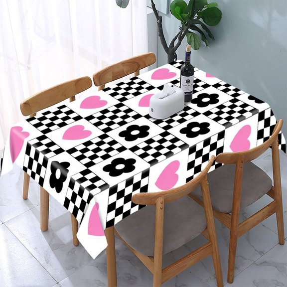 GooTPa Pink Heart And Flower Checkered Grid Rectangle Dining Tablecloth, Polyester Tablecloths Rectangle Dining Tablecloth, Ideal for Kitchen Picnic Party