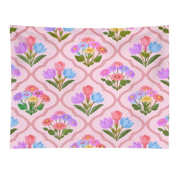 GooTPa Pink Lattice Spring Bouquet Polyester Wall Tapestry Anti Wrinkle Art Hanging Decor for Bedroom Living Room Home Holiday Decoration Gift