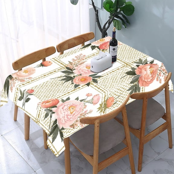 GooTPa Pink Peony Gold Grid Rectangle Dining Tablecloth, Polyester Tablecloths Rectangle Dining Tablecloth, Ideal for Kitchen Picnic Party