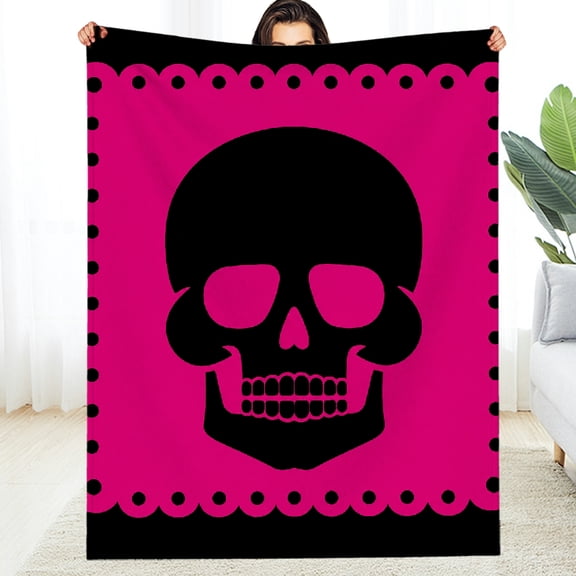 GooTPa Pink Skull Scalloped Frame Fuzzy Bedding for the Couch, Machine Washable Reversible All-Season Blanket , Soft Throw for Couch, Travel, Camping