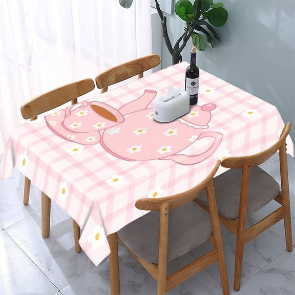 GooTPa Pink Teapot Cup Daisy Gingham Rectangle Dining Tablecloth, Polyester Tablecloths Rectangle Dining Tablecloth, Ideal for Kitchen Picnic Party