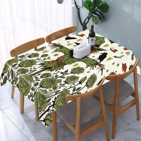 GooTPa Pumpkin Scarecrow In Rose Garden With Bats Rectangle Dining Tablecloth, Polyester Tablecloths Rectangle Dining Tablecloth, Ideal for Kitchen Picnic Party