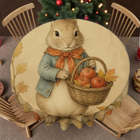 GooTPa Rabbit Apple Basket Autumn Round Tablecloth,  Holiday-Themed Design - Polyester Tablecloths  Stain Resistant & Washable Decor, Wedding, Party, Home Dining