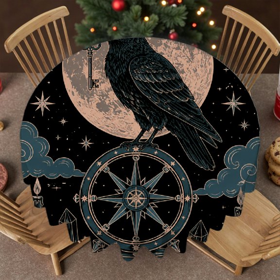 GooTPa  Raven Key Moon Gothic Print  Stain Resistant & Washable Decor, Polyester Tablecloths Festive Table Setting, Raven Key Moon Gothic