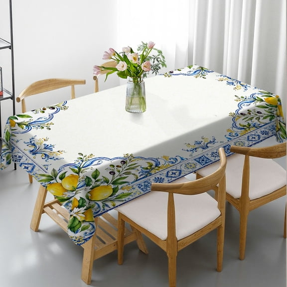 GooTPa Rectangle Tablecloth - Amalfi Blue Tile Lemon Print, 2D Flat Printing Kitchen Accessories Rectangle Tablecloth, Ideal for Kitchen Picnic Party