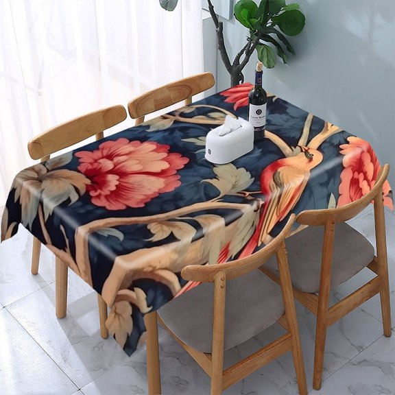 GooTPa Red Bird Pink Peony Rectangle Dining Tablecloth, Polyester Tablecloths Rectangle Dining Tablecloth, Ideal for Kitchen Picnic Party