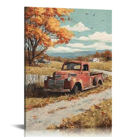 GooTPa Red Truck Canvas Wall Art, Orange Fall Landscape Country Canvas Prints Wall Art for Living Room Bathroom Bedroom Office, Art Print Painting for Home Decorations - 12x16in