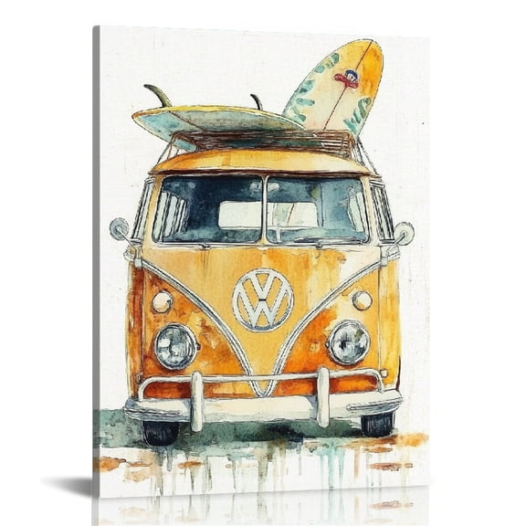 GooTPa Retro Beach Surfing Van Canvas Wall Art, Canvas Prints Wall Art for Living Room Bathroom Bedroom Office, Art Print Painting for Home Decorations - 12x16in