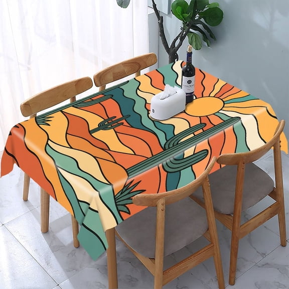 GooTPa Retro Desert Cactus Sunset Rectangle Dining Tablecloth, Polyester Tablecloths Rectangle Dining Tablecloth, Ideal for Kitchen Picnic Party