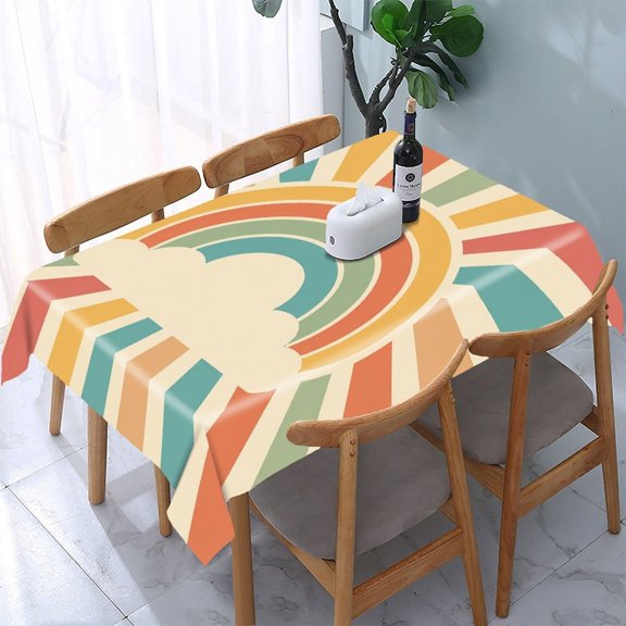 GooTPa Retro Sunburst Rainbow Cloud Rectangle Dining Tablecloth, Polyester Tablecloths Rectangle Dining Tablecloth, Ideal for Kitchen Picnic Party