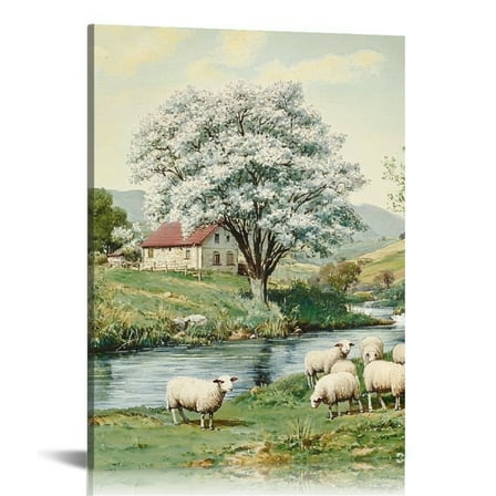 GooTPa Rustic Sheep Pasture Canvas Wall Art, Canvas Prints Wall Art for Living Room Bathroom Bedroom Office, Art Print Painting for Home Decorations - 12x16in