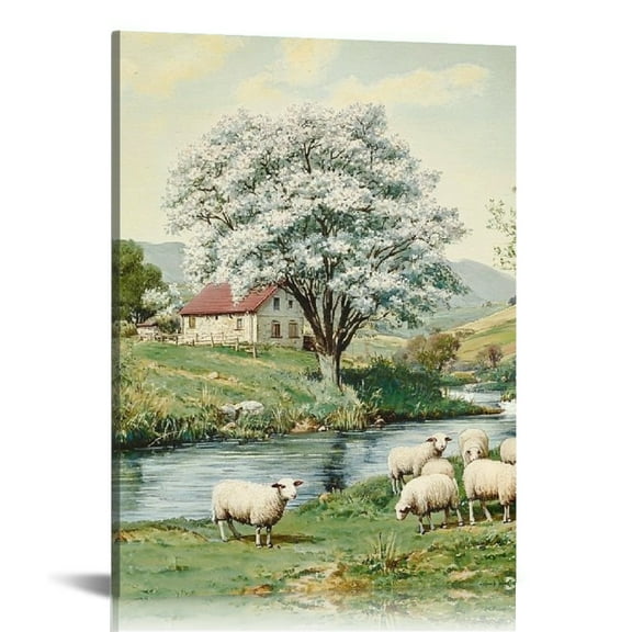 GooTPa Rustic Sheep Pasture Canvas Wall Art, Canvas Prints Wall Art for Living Room Bathroom Bedroom Office, Art Print Painting for Home Decorations - 12x16in