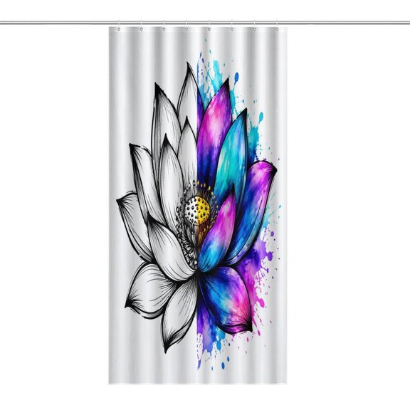 GooTPa Shower Curtain ,Lotus Flower Ink Watercolor Split Bathroom Shower Curtain, Waterproof Fabric Shower Curtain with Hooks