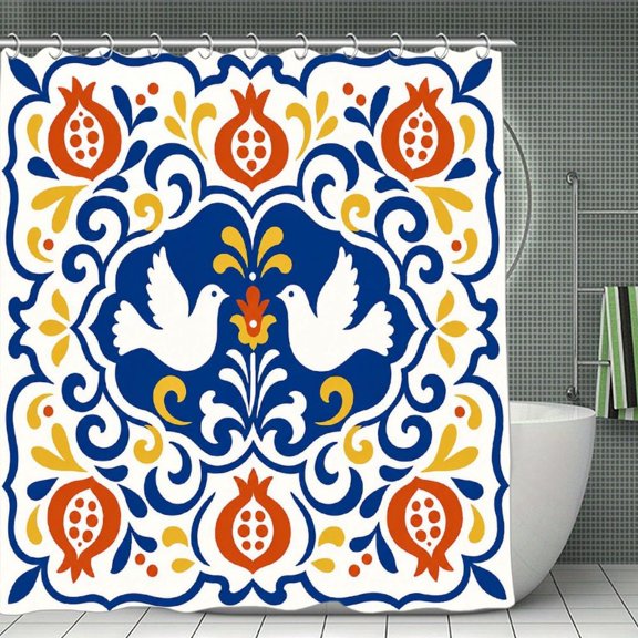 GooTPa Shower Curtain ,Talavera Doves Pomegranate Pattern Bathroom Shower Curtain, Waterproof Fabric Shower Curtain with Hooks